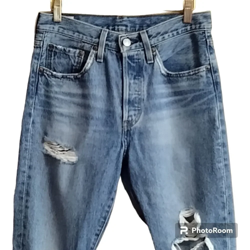 Levi's 501s Distressed Skinny Jeans Button Fly Sz 27x28 - Picture 2 of 12